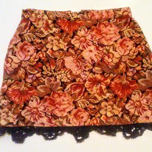 Topshop Red and Orange Tapestry Mini Skirt, Floral Pattern, Black Lace Trimming